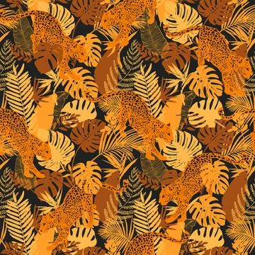 Vector seamless pattern - Jungle animals, tiger, leopard, leaves Stock Illustration