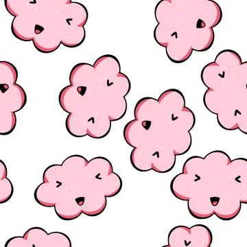 Vector seamless pattern kawai pink clouds isolated on white background.  イラスト素材