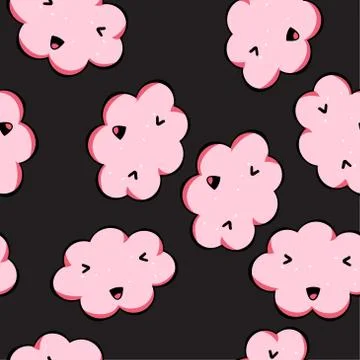 Vector seamless pattern with kawai pink clouds isolated on black background.  스톡 일러스트