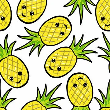 Vector Seamless Pattern with kawaii Pineapples, cartoon character summer Stock Illustration