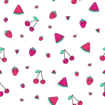 Vector seamless pattern with kawaii watermelons, cherries, strawberry on whit Stock Illustration