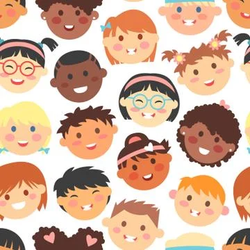 Vector seamless pattern of kids faces different races Stock Illustration