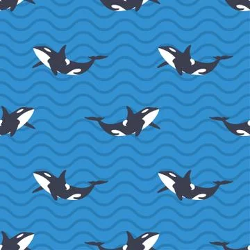 Vector seamless pattern with killer whales or orcas in the sea. Blue backgrou Stock Illustration