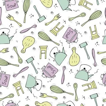 Vector seamless pattern with kitchen tools on white background Stock Illustration
