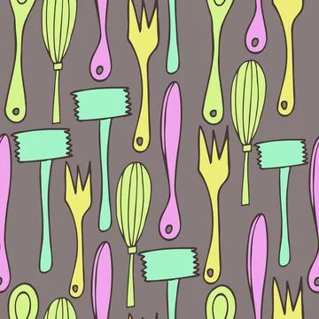 Vector seamless pattern with kitchen tools on grey background Stock Illustration