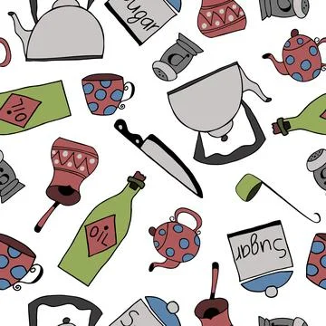 Vector seamless pattern with kitchen tools on white background Stock Illustration