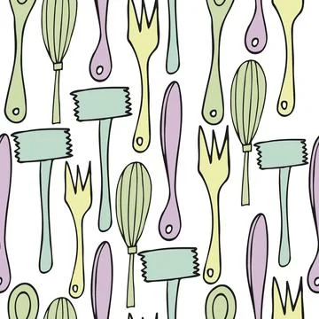 Vector seamless pattern with kitchen tools on white background Stock Illustration