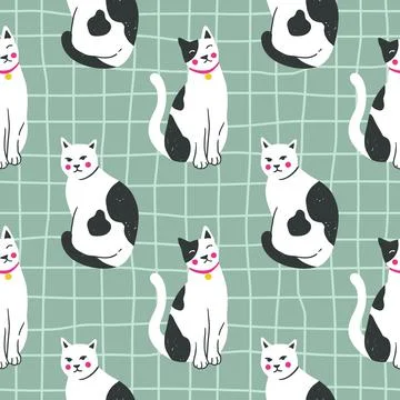 Vector seamless pattern with kittens. Creative retro childish texture. Stock Illustration
