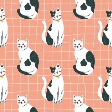 Vector seamless pattern with kittens. Creative retro childish texture. Stock Illustration