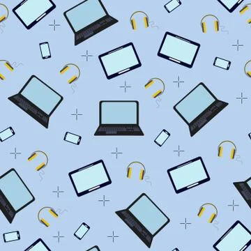 Vector seamless pattern with laptop computers, headphones and mobile devices on 스톡 일러스트