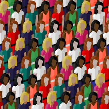 Vector seamless pattern with a large group of girls and women. 3d isometric Stock Illustration