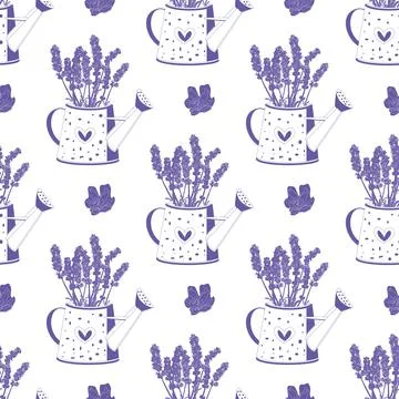 Vector seamless pattern with lavender and a watering can Stock Illustration
