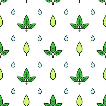 Vector seamless pattern of leaves and drops of water; on white background. Pa Stock Illustration