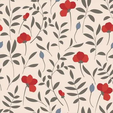 Vector seamless pattern with leaves and red flowers in a modern flat style on Stock Illustration