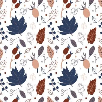 Vector seamless pattern with leaves and berries in cozy colors. hand drawn Illustrazione stock