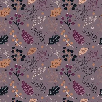 Vector seamless pattern with leaves and berries in cozy colors. hand drawn Illustrazione stock