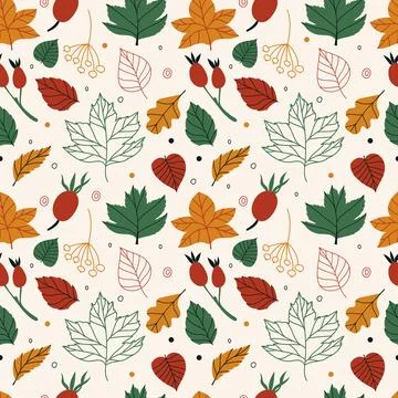 Vector seamless pattern with leaves and berries in cozy colors. hand drawn Stock Illustration