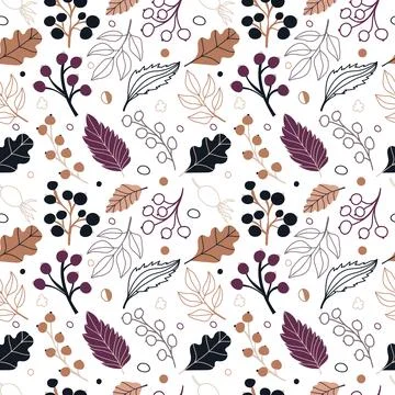 Vector seamless pattern with leaves and berries in cozy colors. hand drawn Stock Illustration