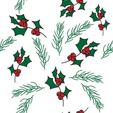 Vector. Seamless pattern with leaves, berries, holly and spruce branches. 스톡 일러스트