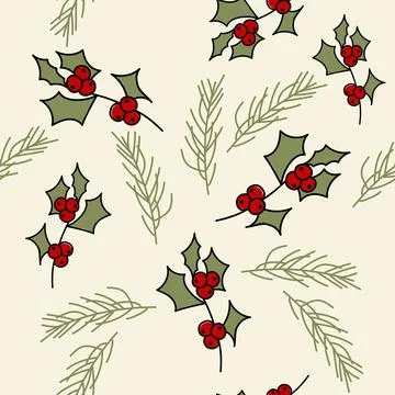 Vector. Seamless pattern with leaves, berries, holly and spruce branches. 스톡 일러스트