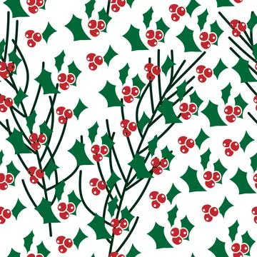 Vector. Seamless pattern with leaves, berries, holly and spruce branches. Illustrazione stock