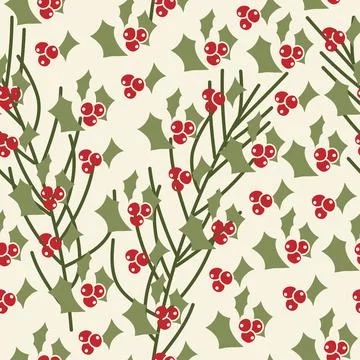 Vector. Seamless pattern with leaves, berries, holly and spruce branches. Illustrazione stock