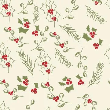 Vector. Seamless pattern with leaves, berries, holly and spruce branches. 스톡 일러스트