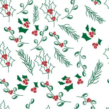 Vector. Seamless pattern with leaves, berries, holly and spruce branches. 스톡 일러스트