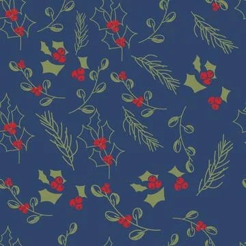 Vector. Seamless pattern with leaves, berries, holly and spruce branches. Illustrazione stock