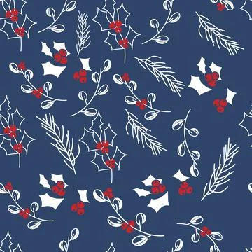 Vector. Seamless pattern with leaves, berries, holly and spruce branches. 스톡 일러스트