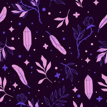Vector seamless pattern with leaves, feathers and a flower in pink and purple Stock Illustration