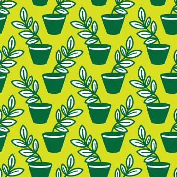 Vector seamless pattern with leaves in pots Stock Illustration