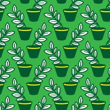 Vector seamless pattern with leaves in pots Stock Illustration