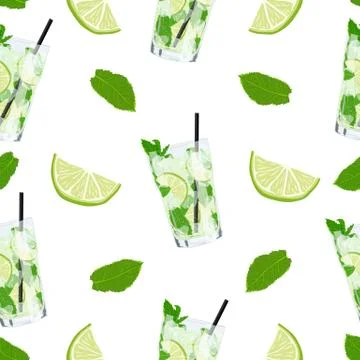 Vector seamless pattern with lemonade or mojito cocktail. 스톡 일러스트