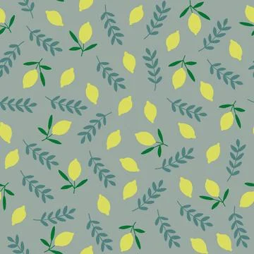 Vector seamless pattern with lemons and leaves on grey green background. Juicy Stock Illustration