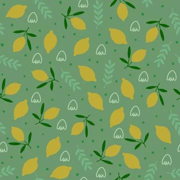 Vector seamless pattern with lemons, doodles on green background. Retro vibes Stock Illustration