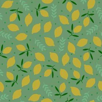 Vector seamless pattern with lemons on green background. Retro vibes fruits Stock Illustration