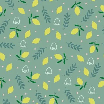 Vector seamless pattern with lemons, leaves, doodles on olive green background Stock Illustration