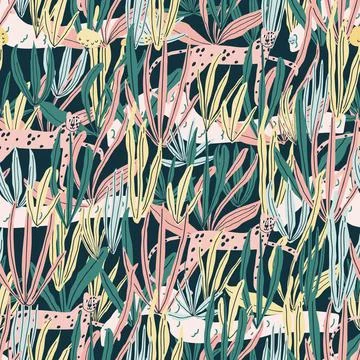Vector seamless pattern with leopard, exotic plants, jungle leaves, snags Stock Illustration