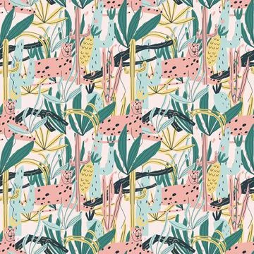 Vector seamless pattern with leopard, plants, jungle leaves and snags Stock Illustration