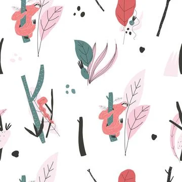 Vector seamless pattern with leopard, plants, jungle leaves, snags Stock Illustration