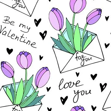 Vector seamless pattern with letter, flowers tulips, hearts and lettering of  Stock Illustration