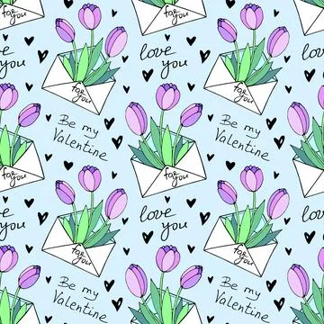 Vector seamless pattern with letter, flowers tulips, hearts and lettering of  Stock Illustration