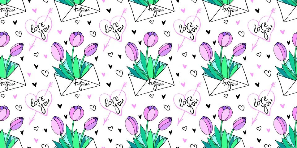 Vector seamless pattern with letter, flowers tulips, hearts and lettering of  Stock Illustration