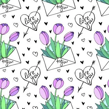 Vector seamless pattern with letter, flowers tulips, hearts and lettering of  Stock Illustration