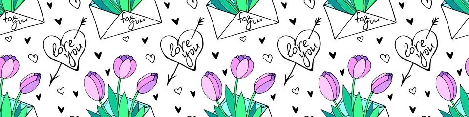 Vector seamless pattern with letter, flowers tulips, hearts and lettering of  Stock Illustration