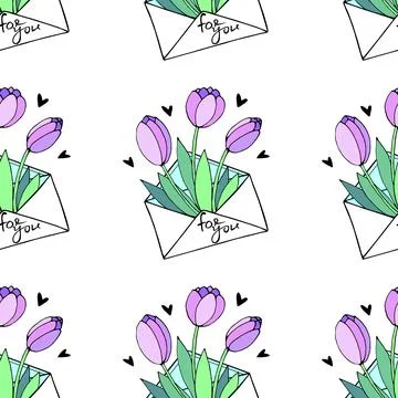 Vector seamless pattern with letter, flowers tulips, hearts. Hand drawn textu Stock Illustration
