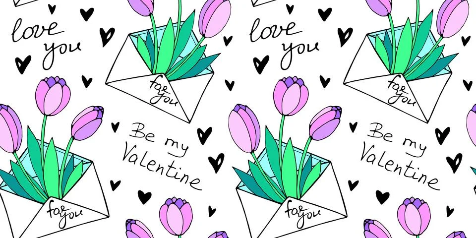 Vector seamless pattern with letter, flowers tulips, hearts and lettering o.. Stock Illustration