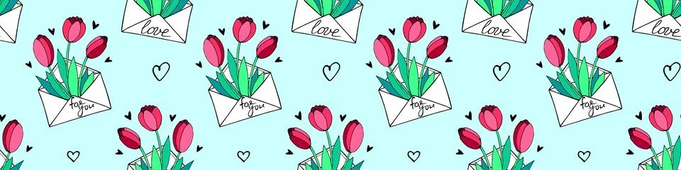 Vector seamless pattern with letter, flowers tulips, hearts. Hand drawn textu Illustrazione stock