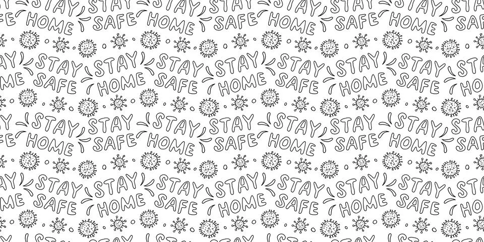 Vector seamless pattern with lettering - Stay home, Stay safe - and illustrat Illustrazione stock